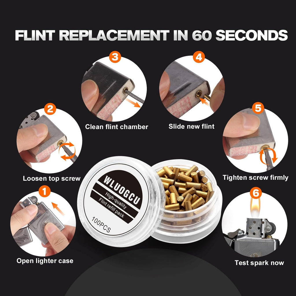 100Pcs Lighter Flints Refills, Premium Replaceable Flint Pen Cartridges, Compatible for Zippo & Clipper Lighters, Fast Ignition, Long-Lasting & Durable WLUOGCU