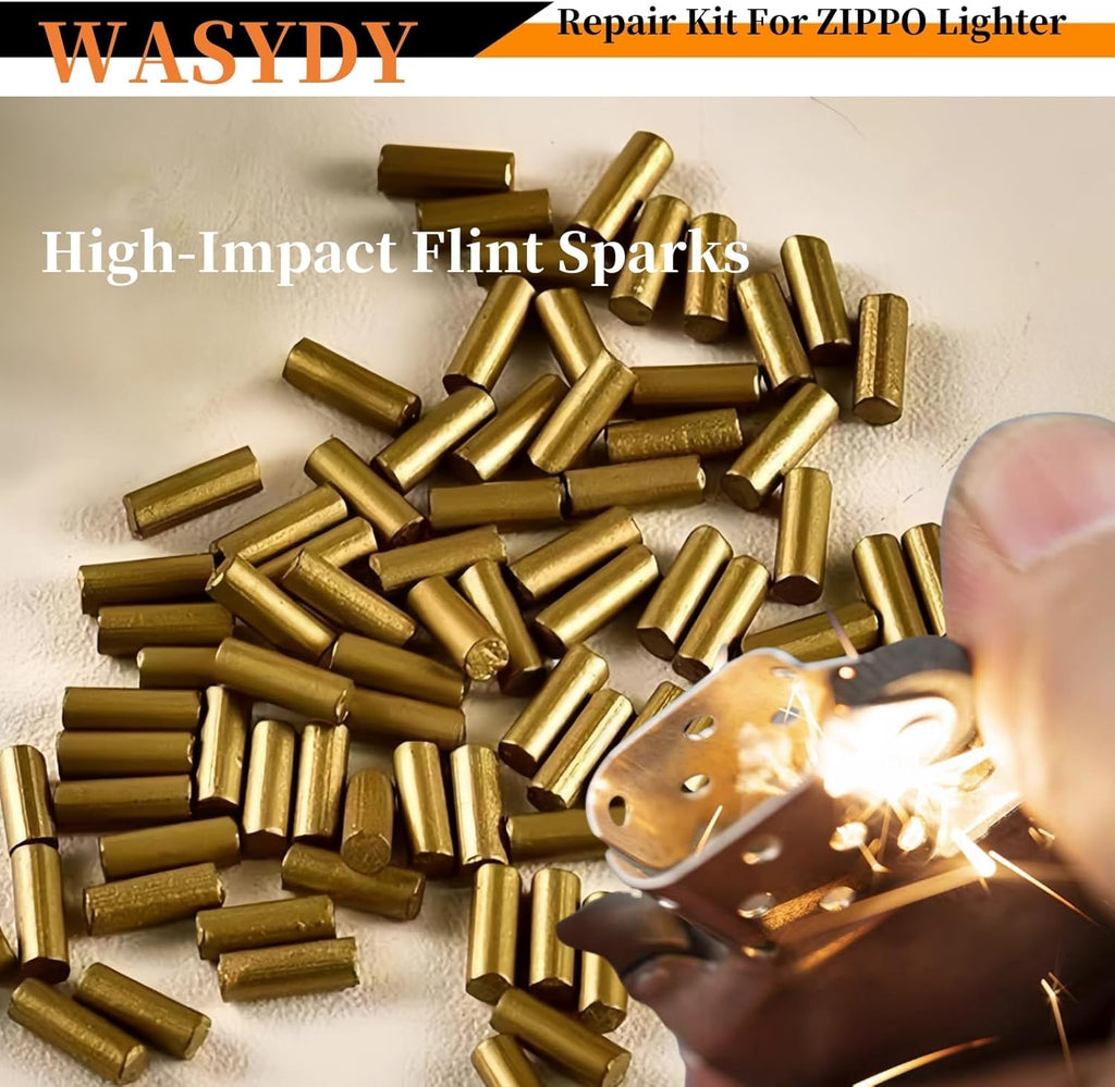 Lighter Repair Kit，Flint and Wick Set Compatible with Zippo Lighters,Flint Stones,Copper Cotton Wick,Flint Spring, Cotton, Cotton Felt Pad & Rubber Felt Pad,Wick with Needle,Flint Wheel Set