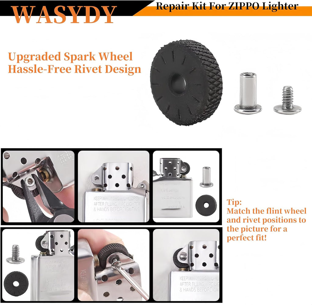 Lighter Repair Kit，Flint and Wick Set Compatible with Zippo Lighters,Flint Stones,Copper Cotton Wick,Flint Spring, Cotton, Cotton Felt Pad & Rubber Felt Pad,Wick with Needle,Flint Wheel Set